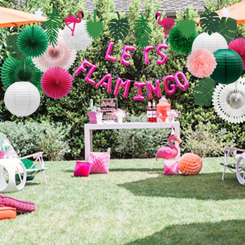 Meiduo Tropical Flamingo Palm Leaves Party Decorations with Paper Fans Paper Lanterns Pom Poms Flowers for Birthday Bridal & Baby Shower Bachelorette Hawaiian Beach Pool Summer (Green) - Image 4